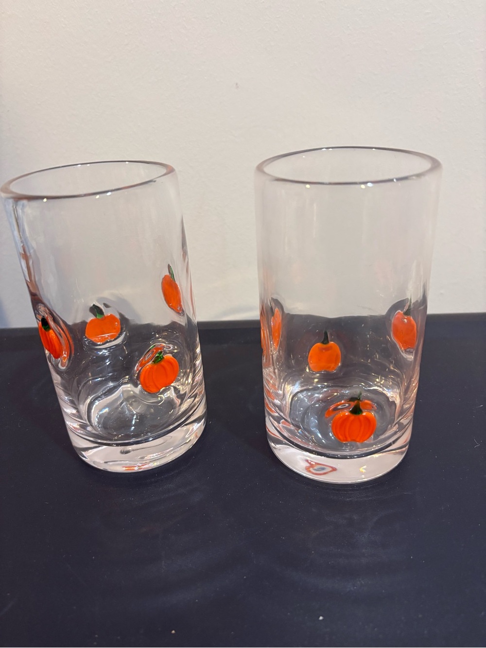 2 Crate & Barrel Glass Tumbler Orange Pumpkin High Ball Glasses - NWOT